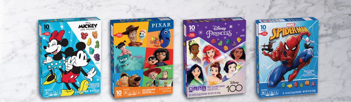 Betty Crocker Fruit Snacks in Mickey & friends, front of package; Pixar, front of package; Disney Princess, front of package; Spiderman, front of package